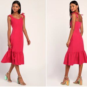 hot pink bow strap midi dress
